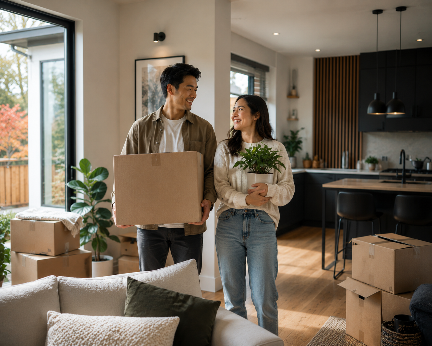 Couple settling into a modern home with moving boxes